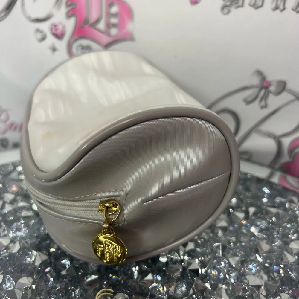 Christian dior makeup bag small white stripe shimmer pattern grey gold hardware